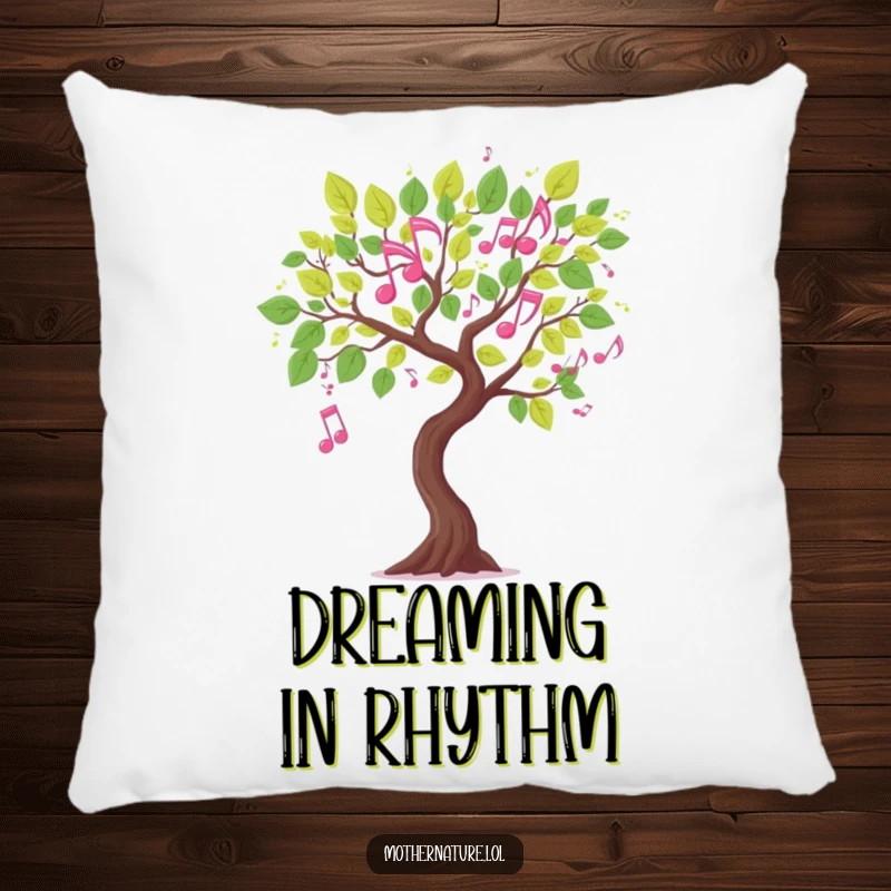 Funny musical tree branch pillow, leaves shaped like dancing musical notes, soft and humorous decor, delightful gift.