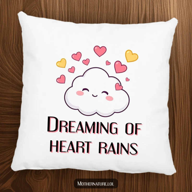 Funny Pillow showcasing a tiny, cute cloud character giggling while raining colorful hearts, offering cozy comfort and sweet cheer.