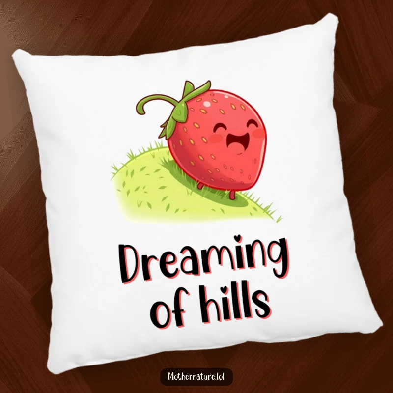 Funny pillow showcasing a plump, dizzy strawberry joyfully rolling down a grassy hill, a soft and squishy symbol of fun.