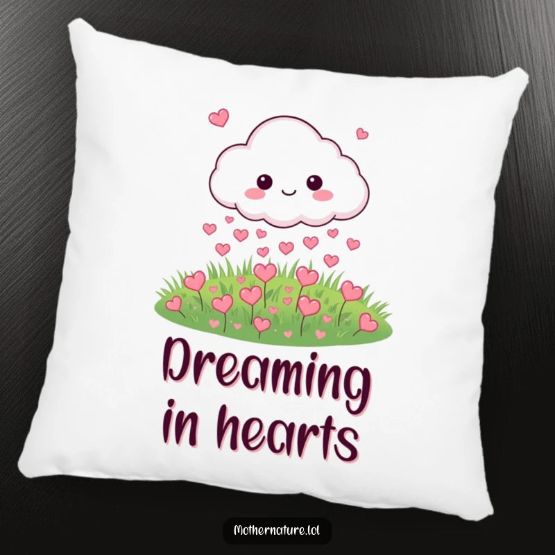 Funny pillow featuring a cloud character playfully raining hearts onto a meadow, perfect for cozy decor.