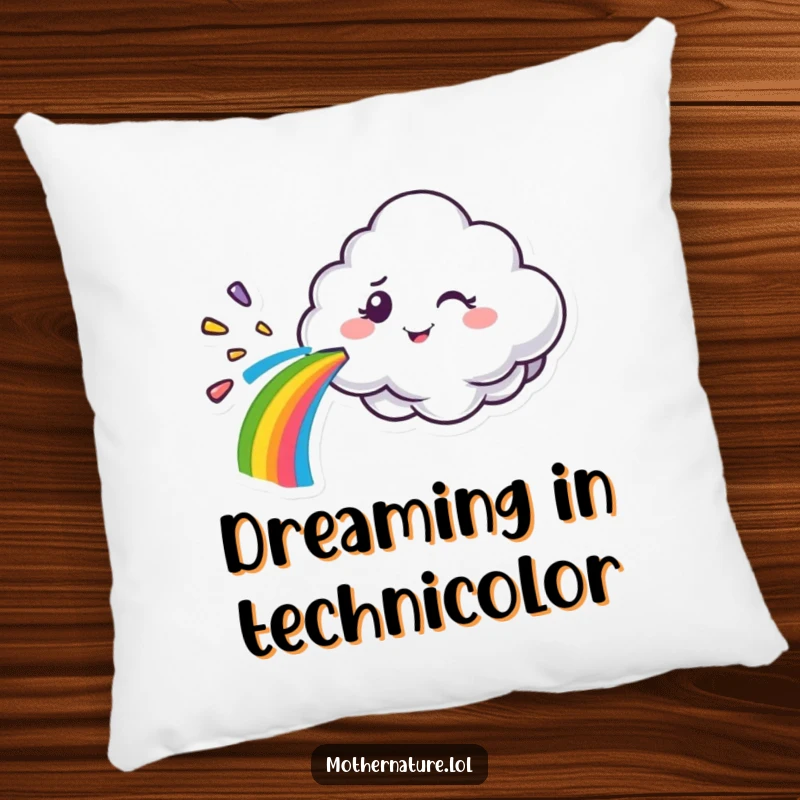 Funny cloud character pillow, spraying a rainbow with a mischievous wink, providing cozy humor and vibrant decor.