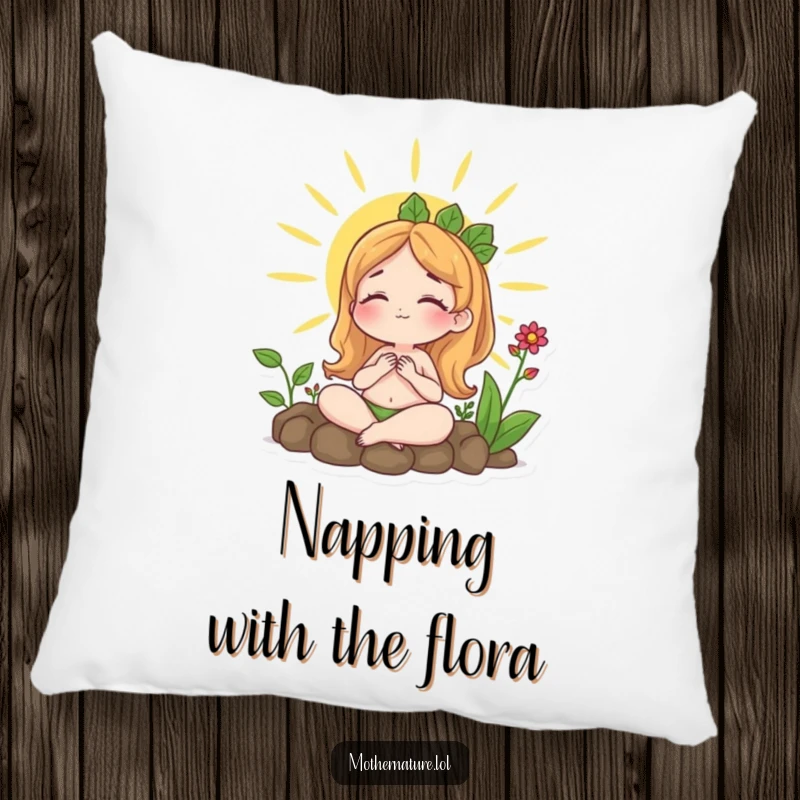 Funny pillow depicting Mother Nature relaxing while sunbathing, surrounded by plants, offering comfort and a peaceful nature-inspired touch.