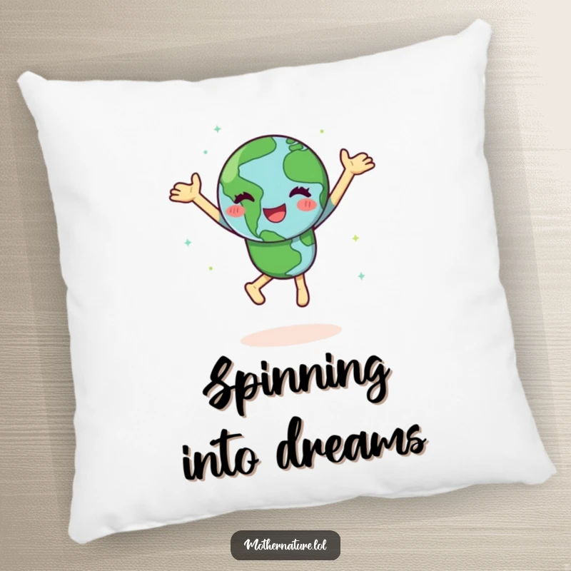 Funny Earth pillow featuring a happy character doing a joyful dance, spinning with green continents, offering soft, comforting planetary vibes.