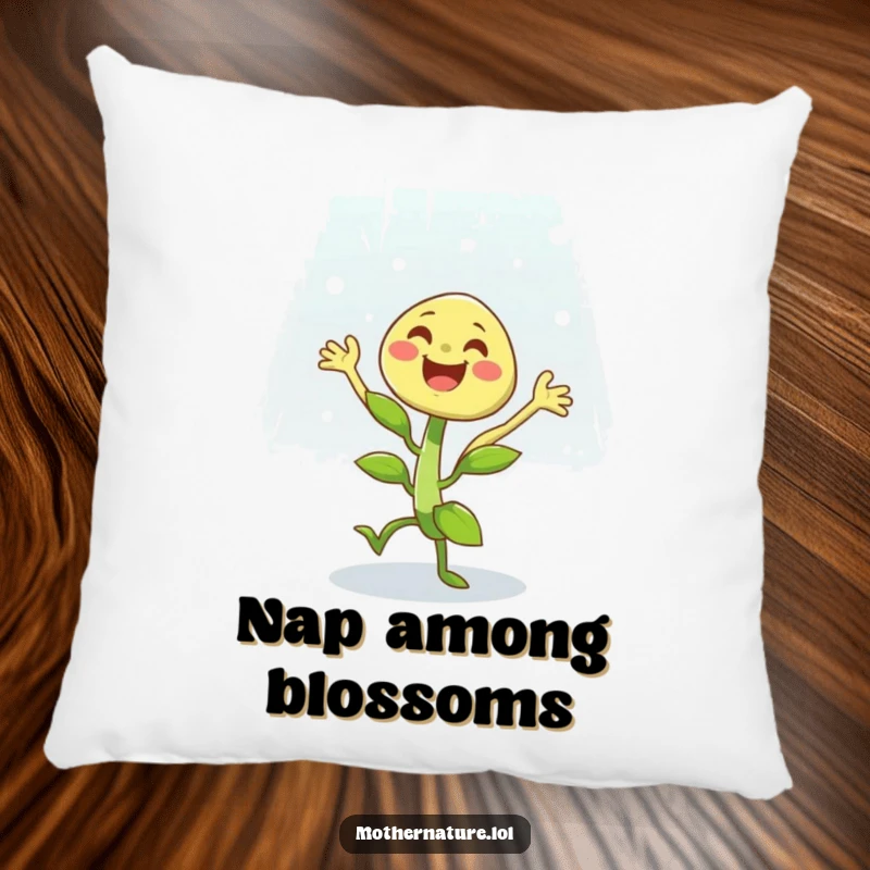 Funny pillow featuring a cheerful plant character dancing with ecstatic abandon in a gentle, light rain shower, adding joy to any room.