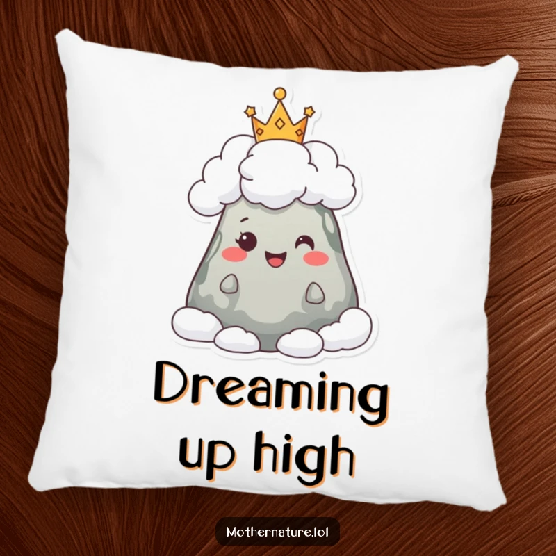 Funny pillow featuring a happy mountain character wearing a whimsical crown of fluffy clouds, adding majestic comfort to any room.