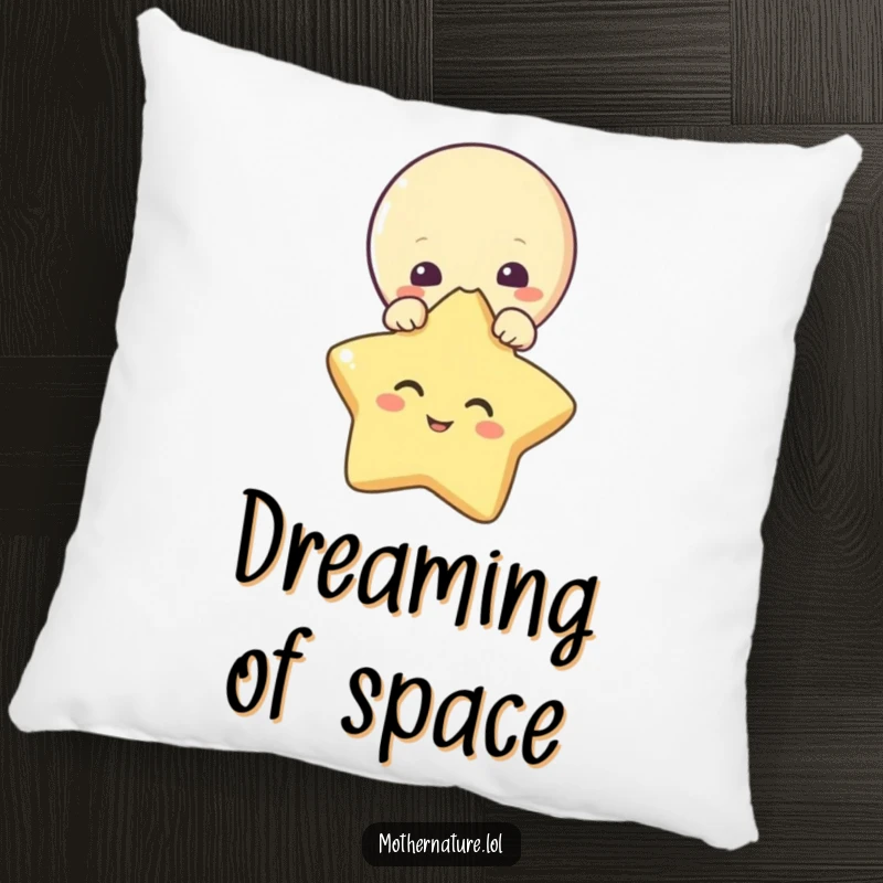 Funny pillow with a curious moon character peeking over a giggling star. Soft and decorative.