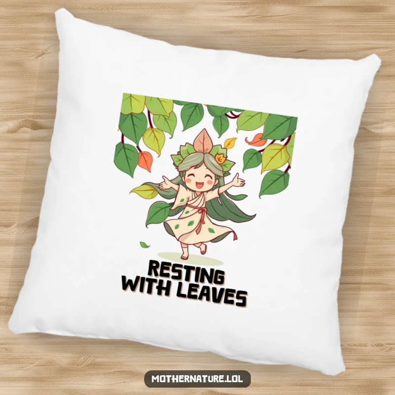 Funny Mother Nature pillow featuring a joyful character dancing playfully amidst a swirl of leaves, adding comfort and a touch of natural magic.