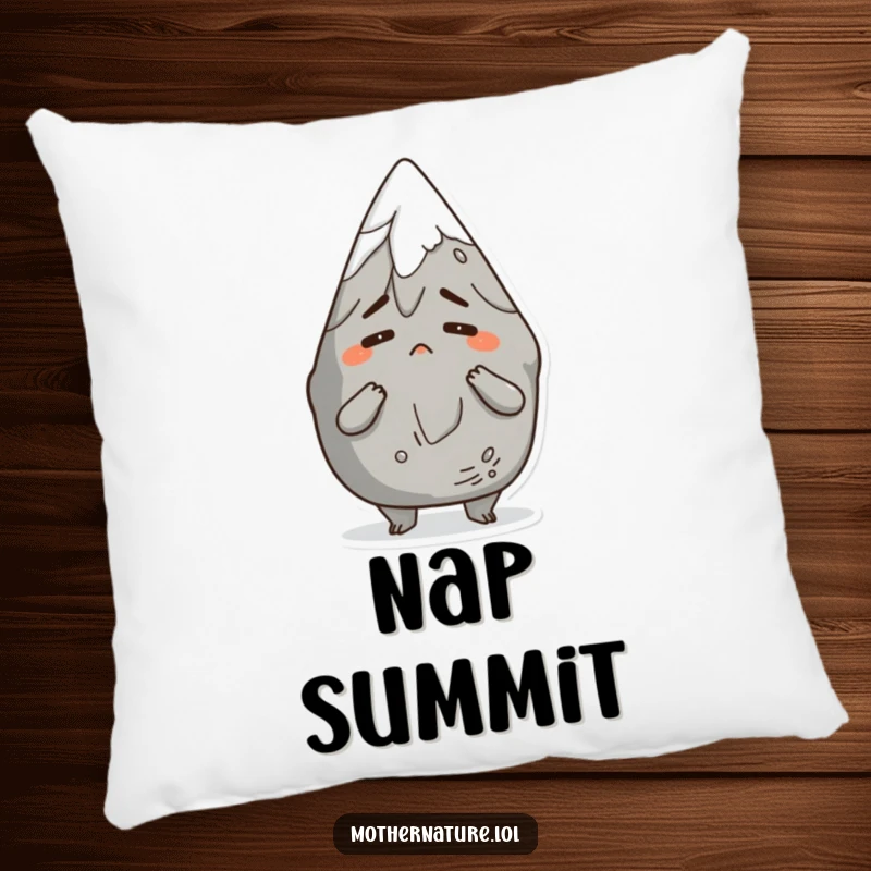 Funny pillow featuring an anthropomorphic mountain character shrugging comically with a bemused expression, offering comfort and humorous charm.