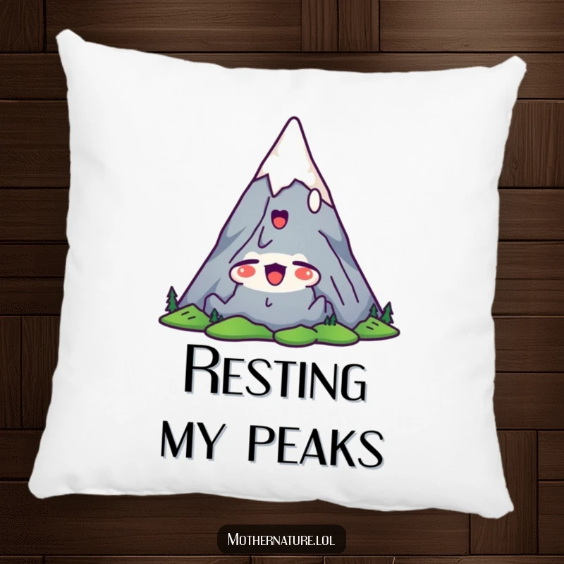 Funny mountain pillow with a cute character stretching its peaks upwards with a satisfied yawn, offering soft, relaxing comfort.