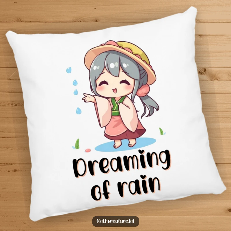 Funny pillow graphic of Mother Nature playfully tossing a sparkling raindrop, embodying gentle joy and nature's magic.