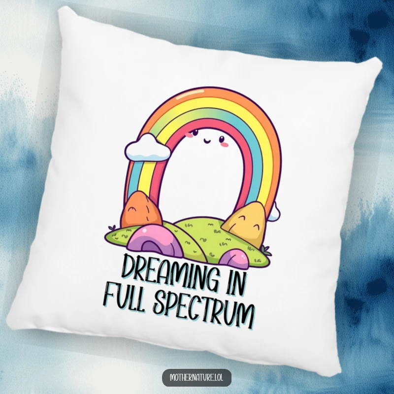 Funny, vibrant rainbow character resting over a serene, smiling landscape on a soft, decorative pillow.