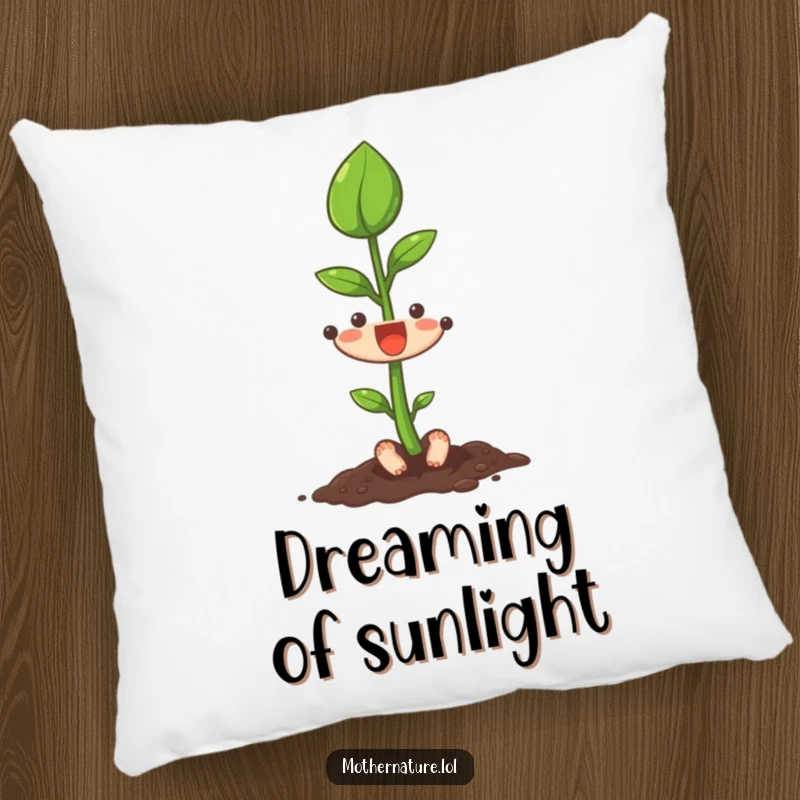 Funny seedling character stretching its first leaf upwards on a soft, decorative pillow, perfect for inspiring dreams.