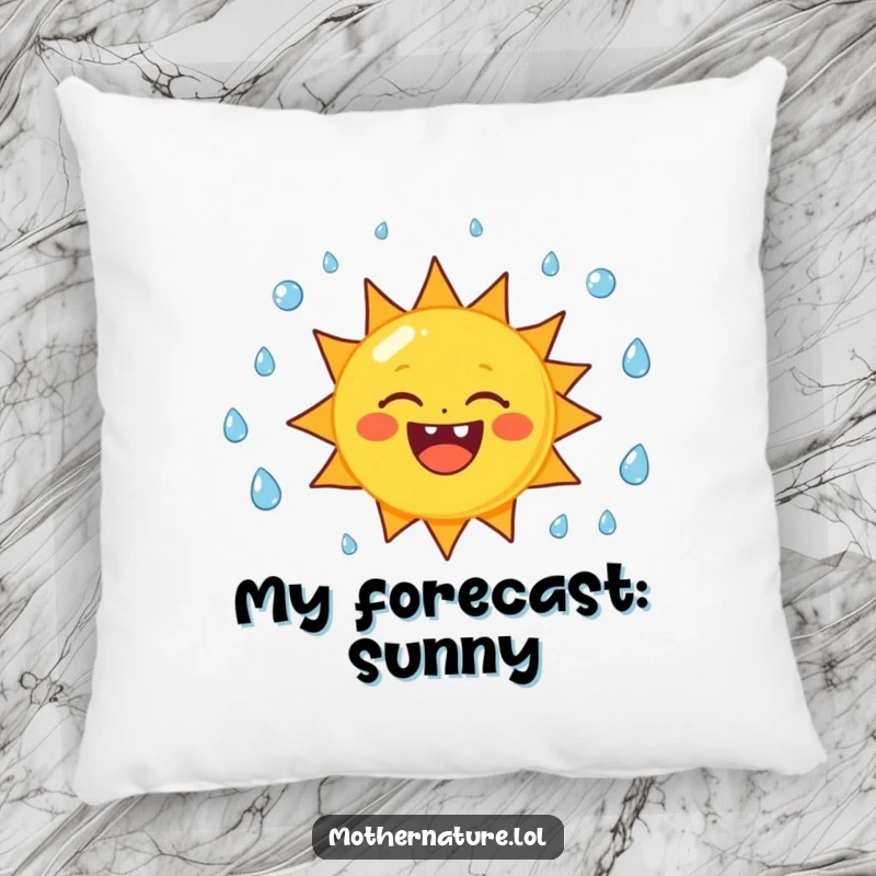 Funny sun character pillow, cheerfully juggling raindrops with a happy expression, adding cozy humor to any room.