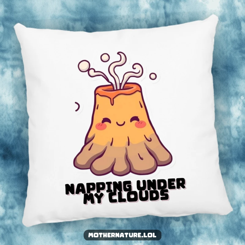 Funny smiling volcano character puffing smoke rings on a soft, decorative pillow, perfect for cozying up.