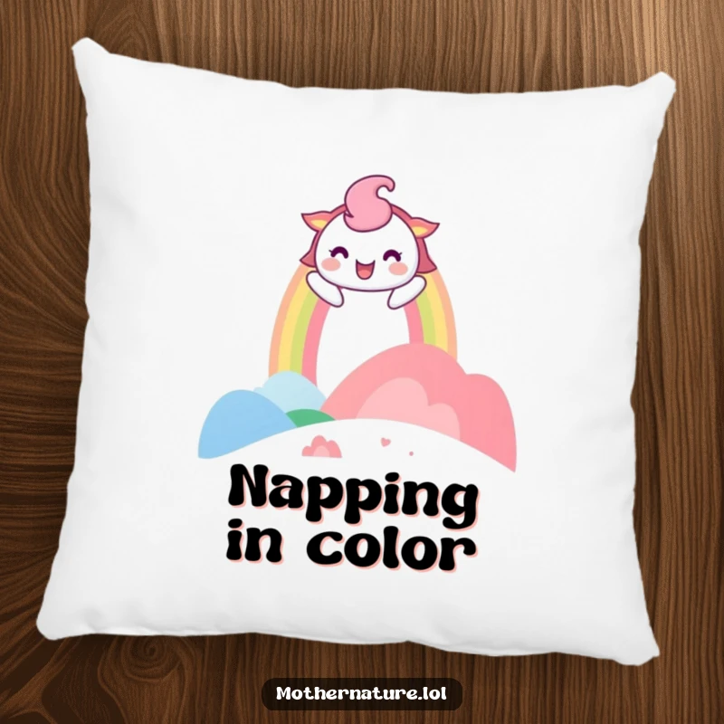 Funny Pillow featuring a playful rainbow character arching over a landscape that is joyfully laughing, perfect for comfort.