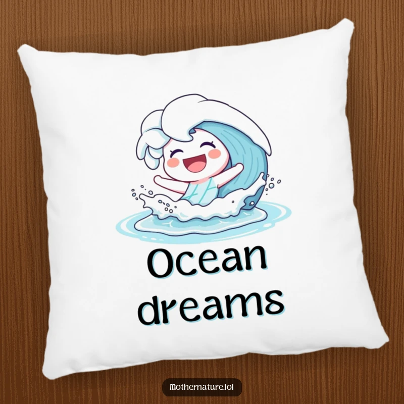 Funny Pillow featuring a happy wave character laughing playfully while splashing onto a tranquil shore, perfect for comfort.