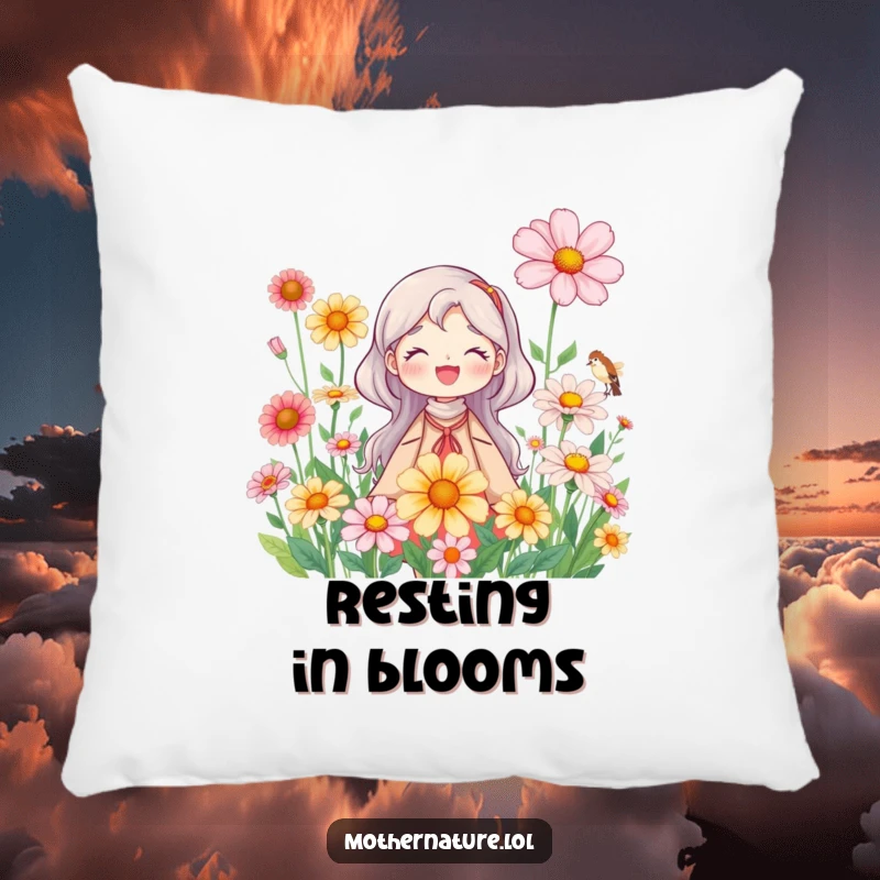 Mother Nature Pillow: Joyful character surrounded by blooming wildflowers, offering natural comfort and beauty. A cozy and delightful gift.