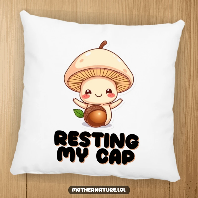 Funny mushroom pillow, smiling mushroom wearing an acorn, soft and cozy home decor, delightful woodland gift.