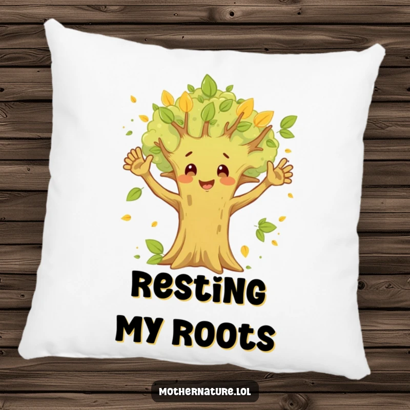 Funny Happy Tree Pillow featuring a waving tree character with fluttering leaves, perfect for adding cozy, nature-themed humor to any room.