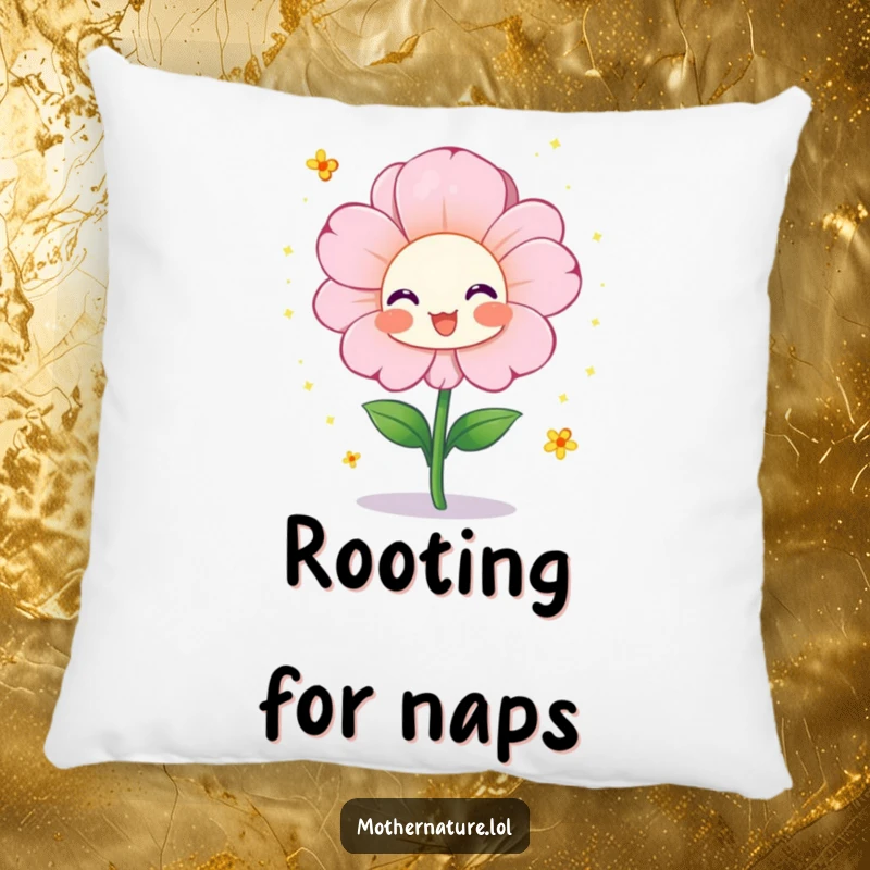 Funny pillow with a cheerful flower character blooming vibrantly and showering tiny pollen sparkles, adding comfort and humor to any seating area.