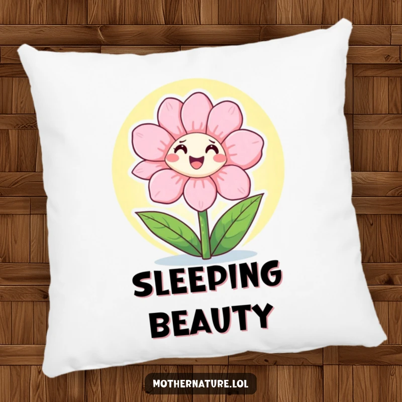 Funny Pillow featuring a happy flower character opening its petals to the warm, bright sunshine, perfect for cozy comfort.