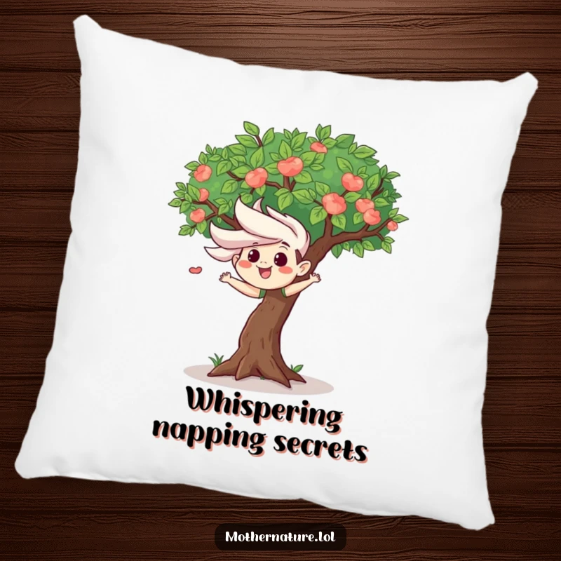 Mischievous wind gust character ruffling leaves of a happy tree, featured on a soft pillow, providing playful, humorous comfort.