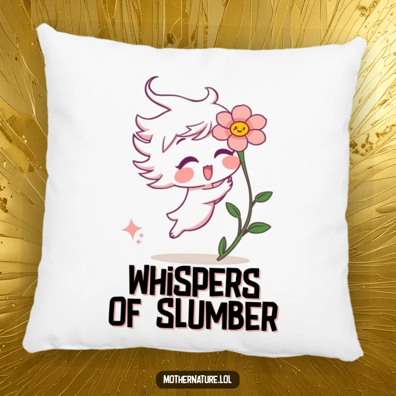 Funny pillow featuring a playful wind gust character tickling a surprised flower, adding whimsical comfort to any setting.