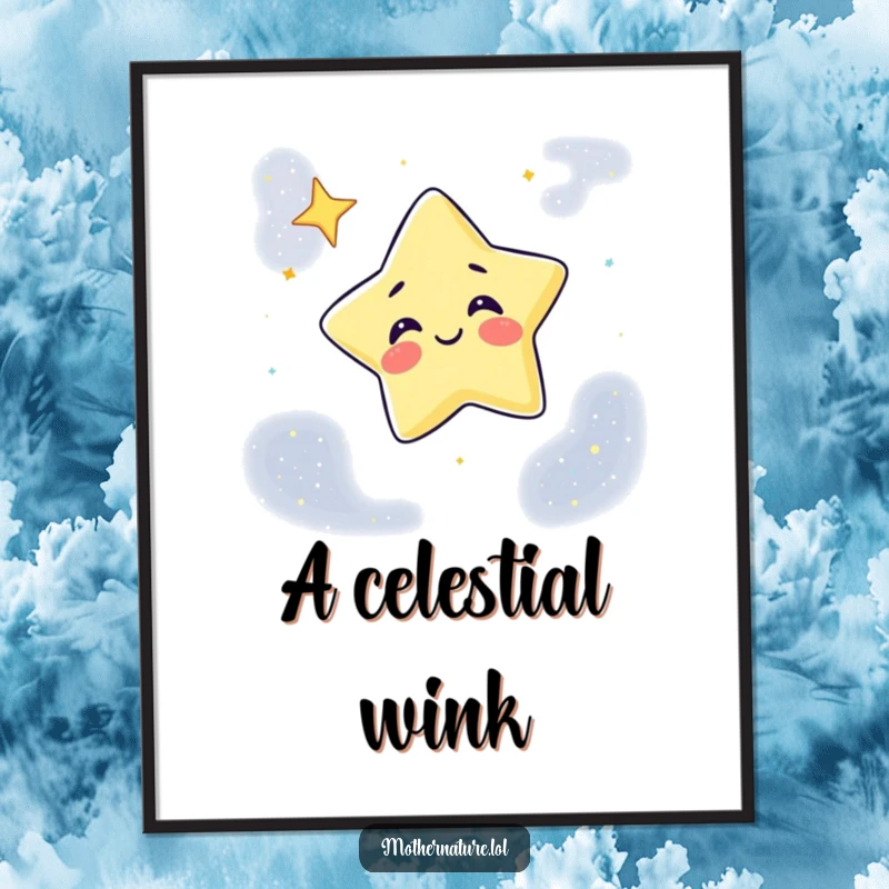 Funny Digital Art Print of a giggling star winking from a night sky canvas, perfect for instant download and display.