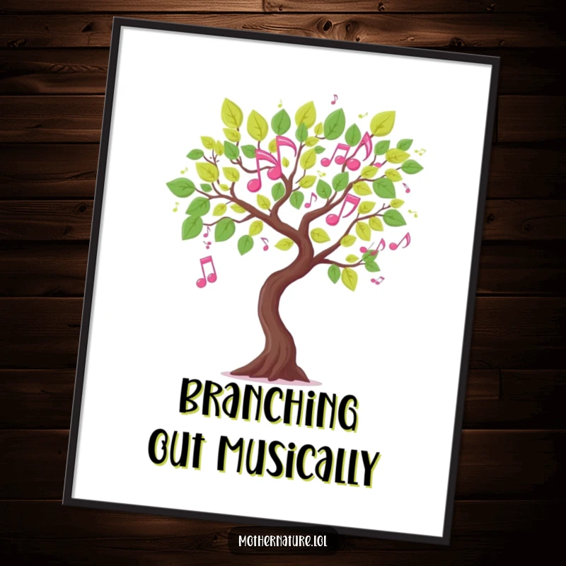 Funny musical tree branch digital art print, leaves shaped like dancing musical notes, instant download artistic decor.