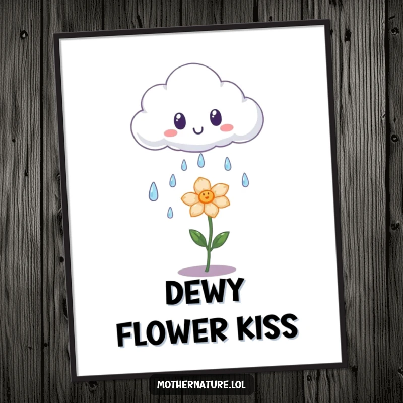 Funny digital art print of a surprised cloud shedding iridescent raindrops onto a tiny, happy flower, whimsical and heartwarming.