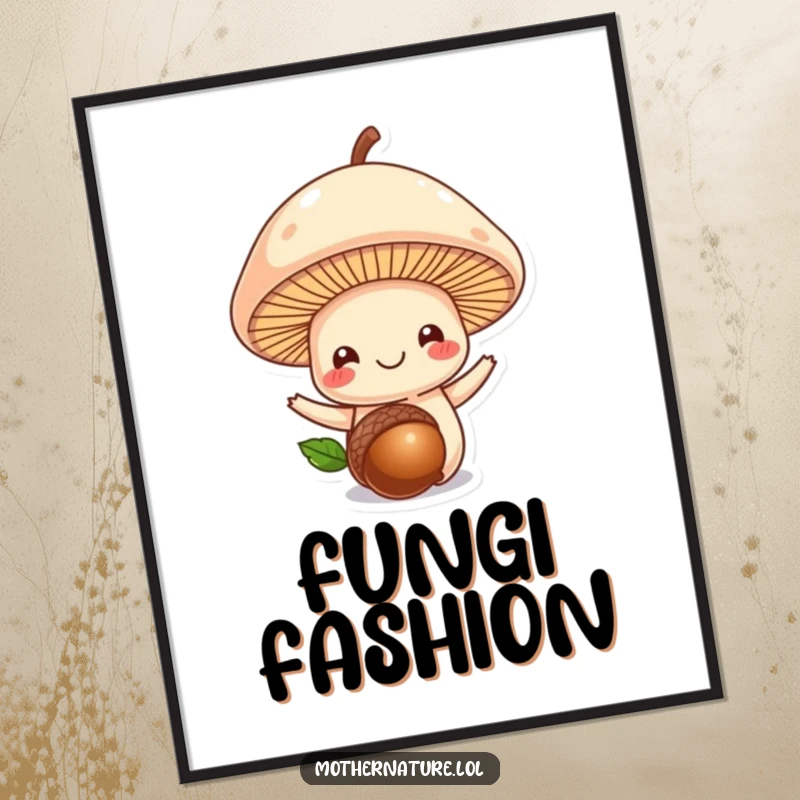 Funny mushroom digital art print, smiling mushroom balancing an acorn, instant download, whimsical woodland decor.