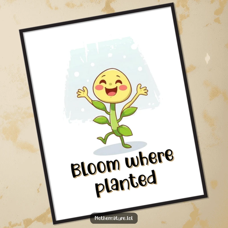 Funny digital art print of a gleeful plant character dancing with abandon in a light, uplifting rain shower, radiating happiness.