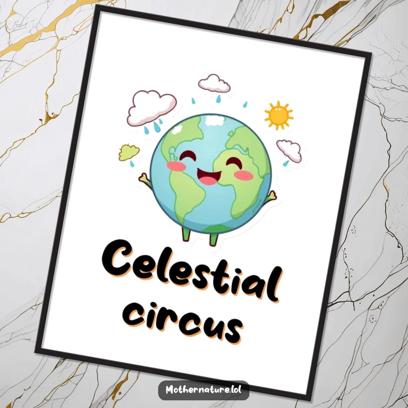 Funny Earth digital art print of a smiling Earth character juggling small rain clouds and sunshine, ready for download.