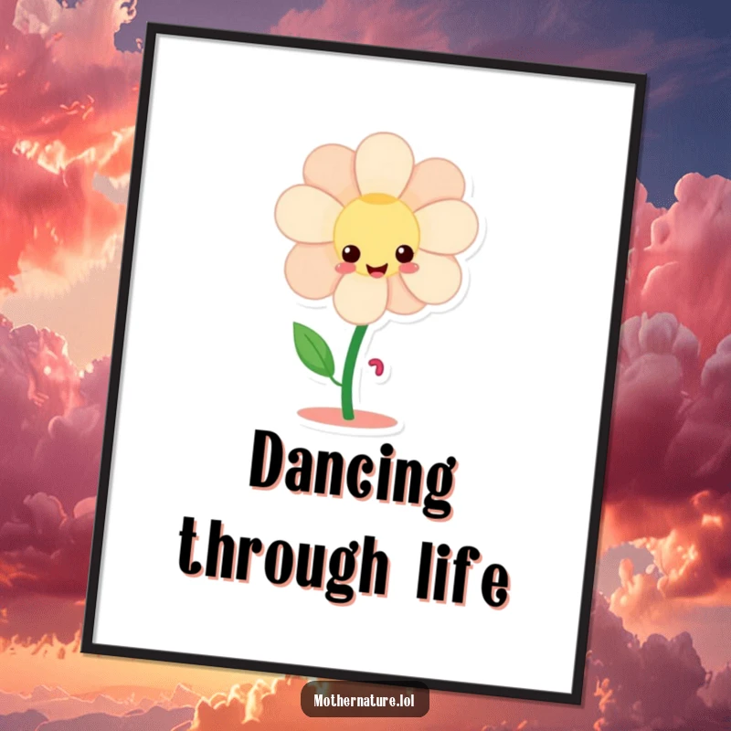 Funny giggling flower character digital art print, twirling with tiny dancing legs, creating whimsical and humorous decor.