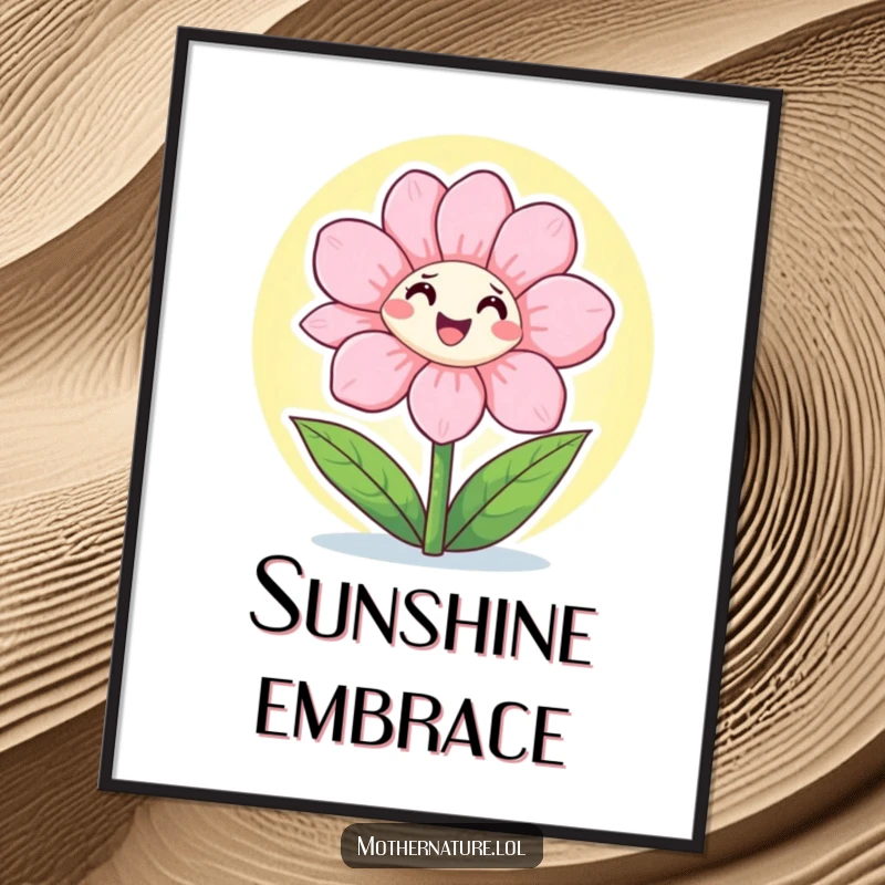 Funny Digital Art Print of a happy flower character joyfully opening its petals wide to embrace the bright sunshine.
