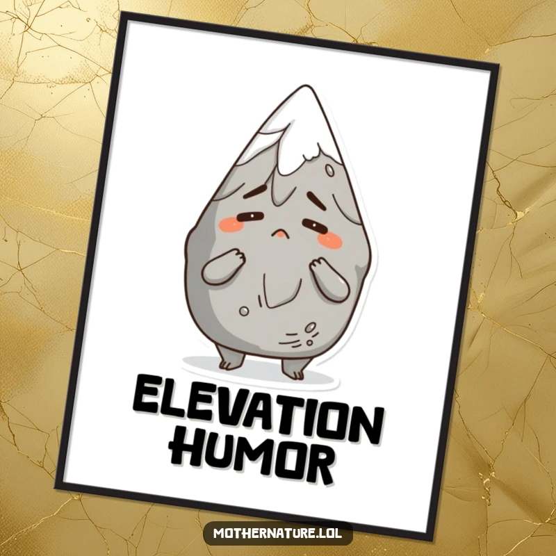 Funny digital art print of an anthropomorphic mountain character shrugging comically with a bemused expression, ideal for humorous wall decor.