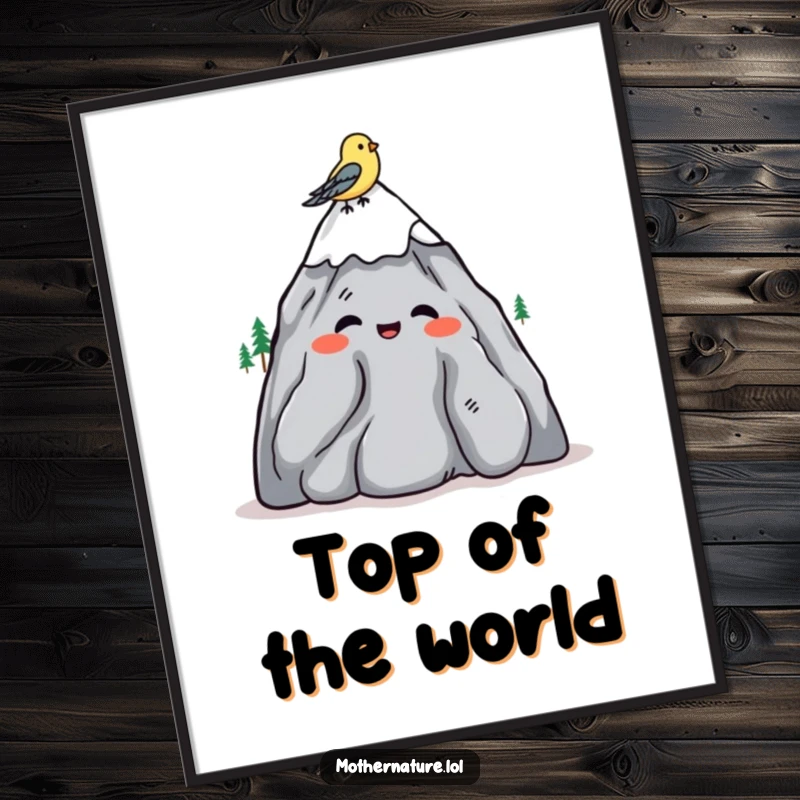 Funny digital art print of a mountain character shrugging amiably, bird on head, for instant download.