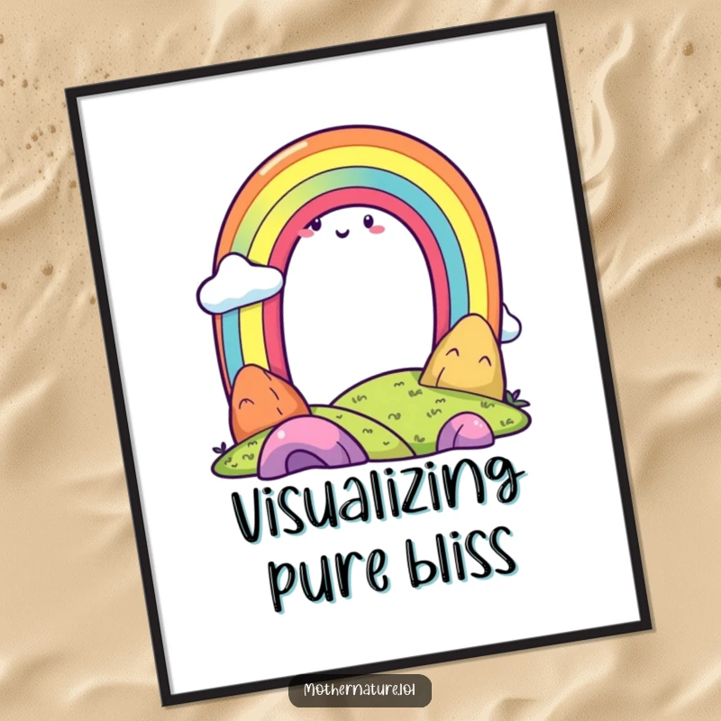 Funny rainbow character arching over a vibrant, smiling landscape, available as a digital art print for instant joy.