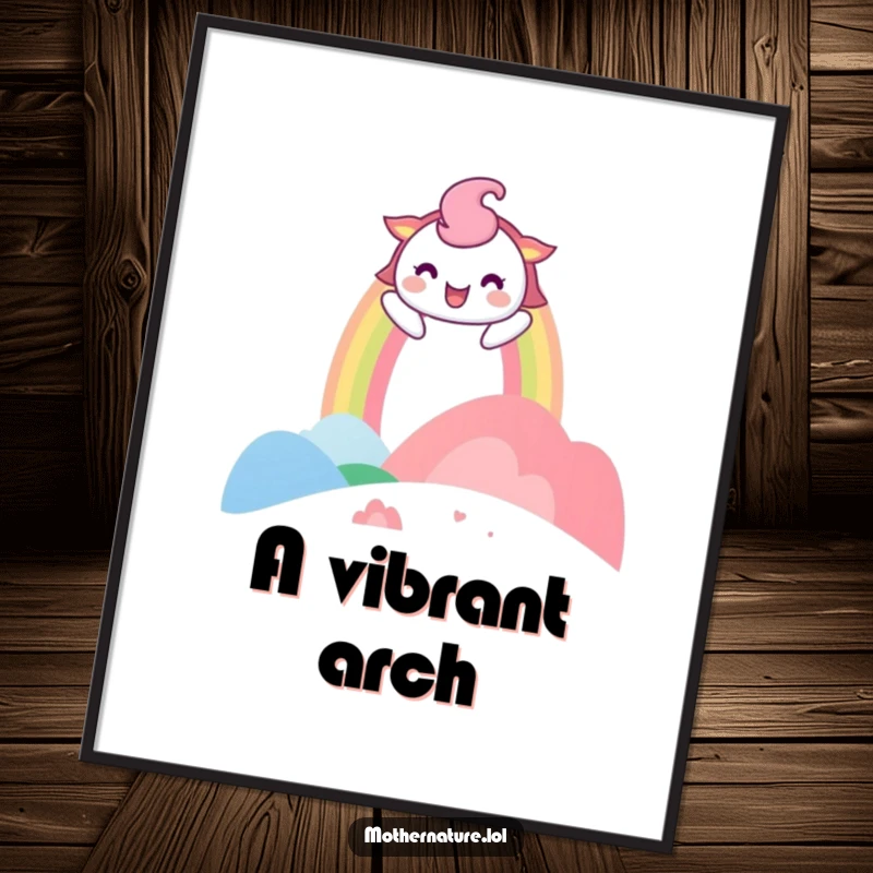 Funny Digital Art Print of a playful rainbow character arching over a laughing landscape, perfect for instant download.