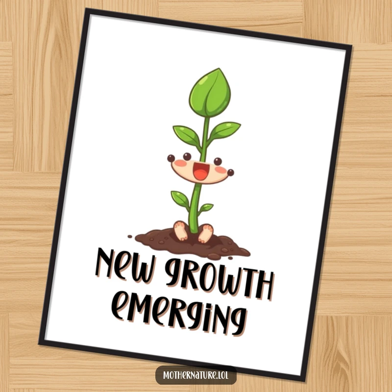 Funny seedling character excitedly stretching its first leaf upwards, available as a digital art print for motivation.