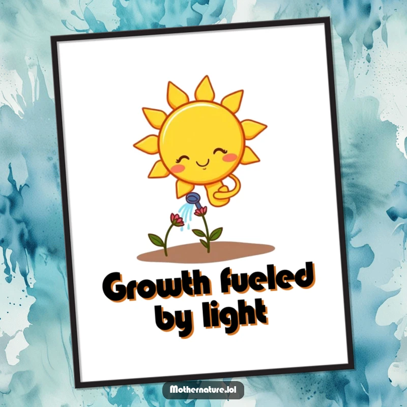Funny digital art print of a smiling sun character watering a droopy flower, perfect for instant download.