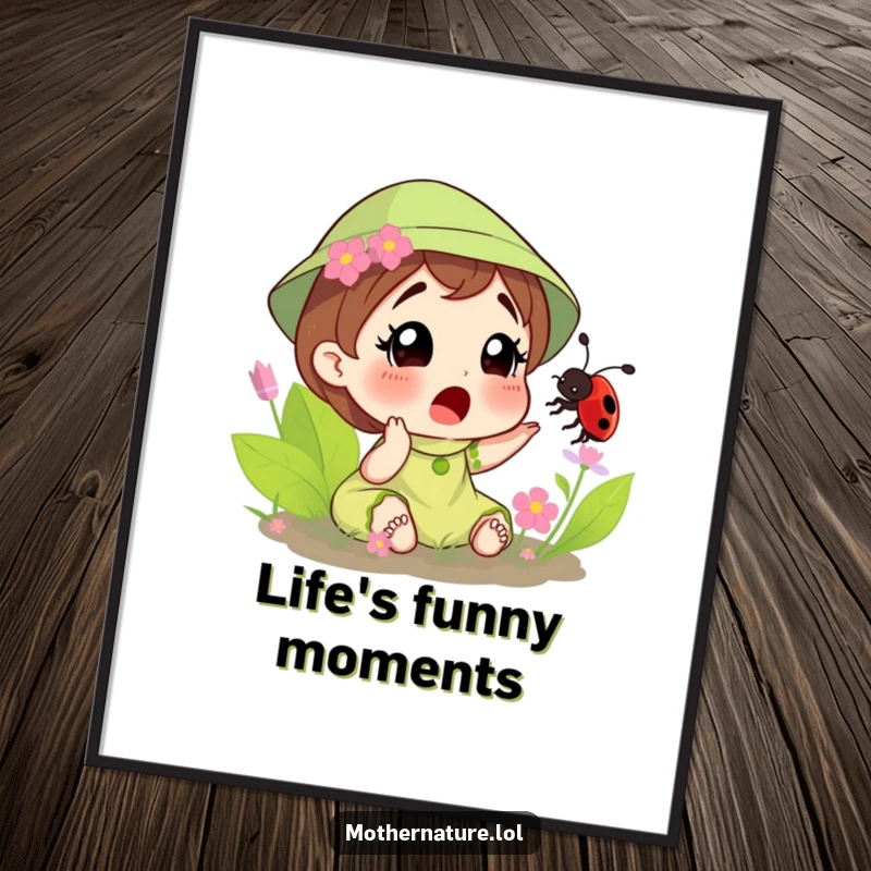 Funny digital art print of Mother Nature looking surprised as a ladybug tickles her, ready to add whimsical fun to any space.