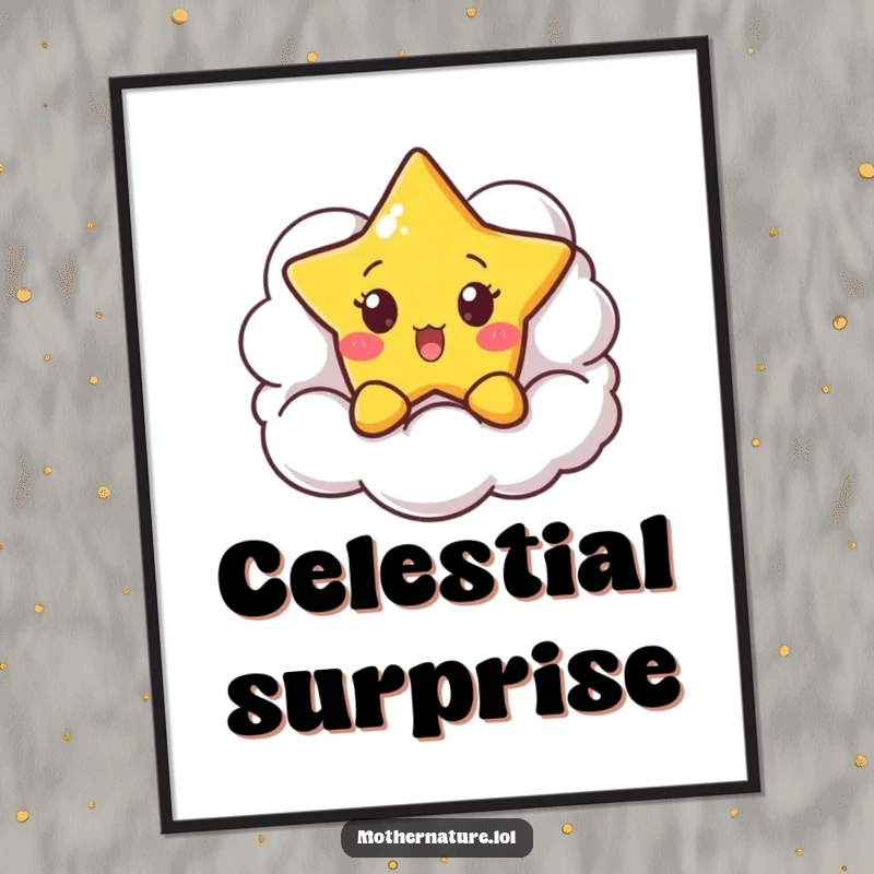 Funny Surprised Star Digital Art Print of a cute character peeking from behind a smiling cloud, perfect for whimsical and dreamy decor.