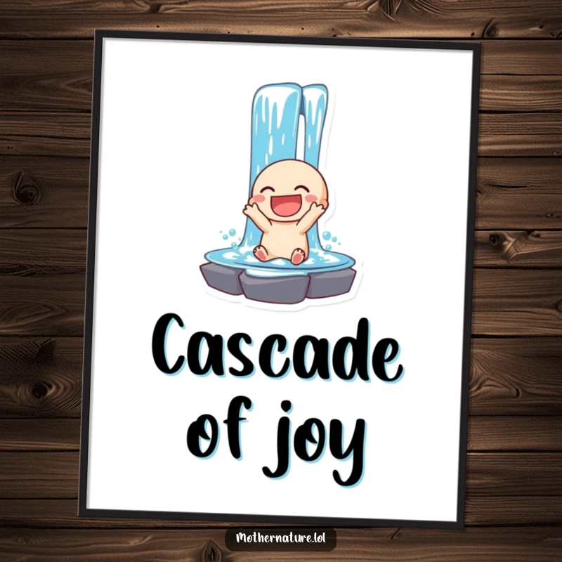 Funny digital art print of a laughing waterfall character cascading with pure joy. High-resolution for printing.