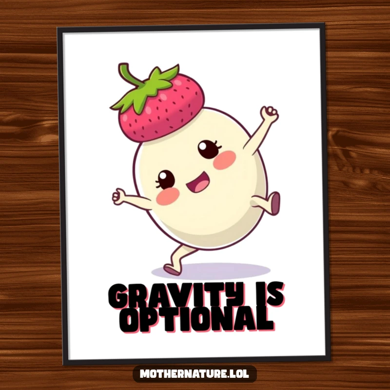 Funny digital art print of a determined plump berry doing a cartwheel, capturing a moment of pure, hilarious motion and willpower.