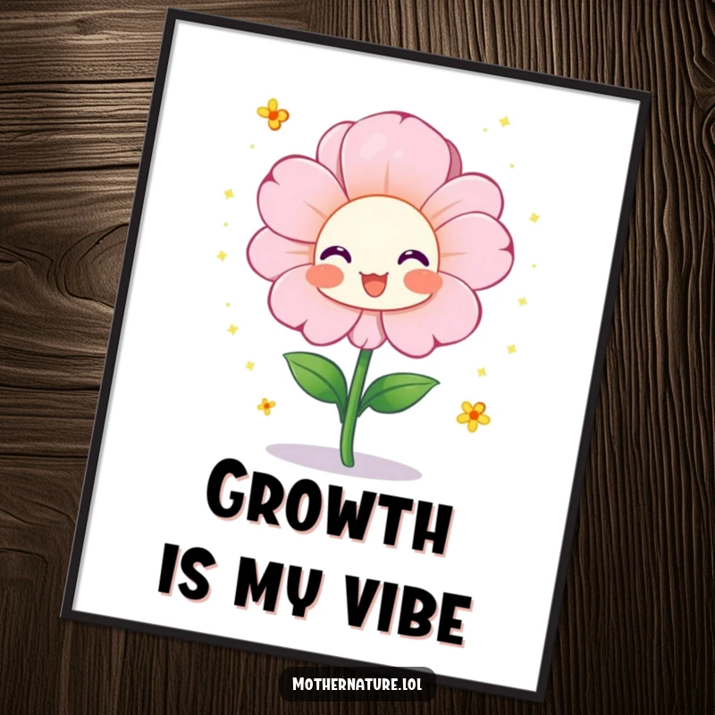 Funny digital art print of a cheerful flower character blooming vibrantly and showering tiny pollen sparkles, bringing colorful, humorous energy to any space.