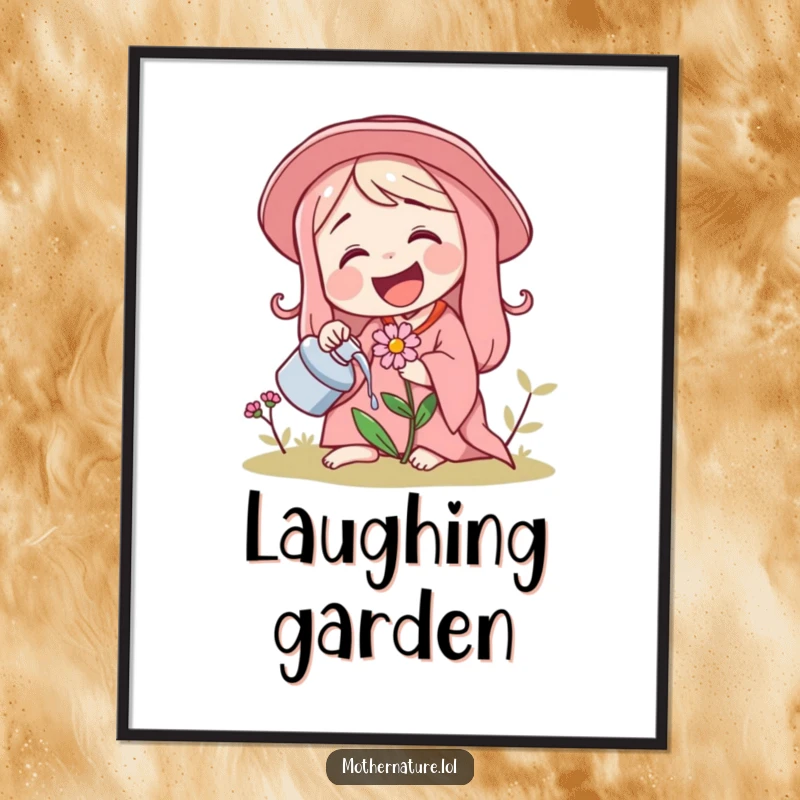 Funny digital art print of Mother Nature laughing and watering a tiny, giggling flower, symbolizing joyful growth.