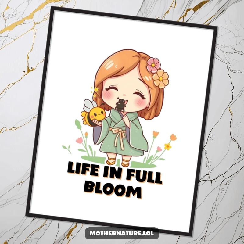 Funny digital art print of Mother Nature delightedly holding a tiny, buzzing bee, ready to bring natural charm to any room.