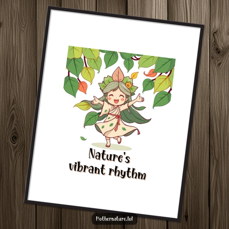 Funny Mother Nature digital art print showcasing a joyful character dancing energetically with a dynamic swirl of colorful leaves, perfect for instant wall decor.