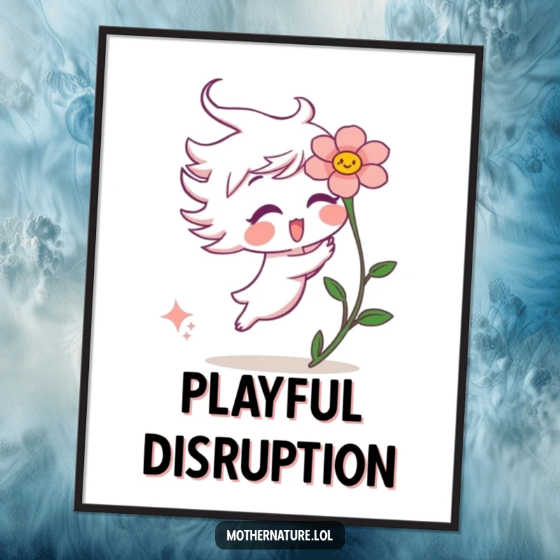 Funny digital art print of a playful wind gust character gently tickling a surprised flower, capturing a moment of innocent fun.